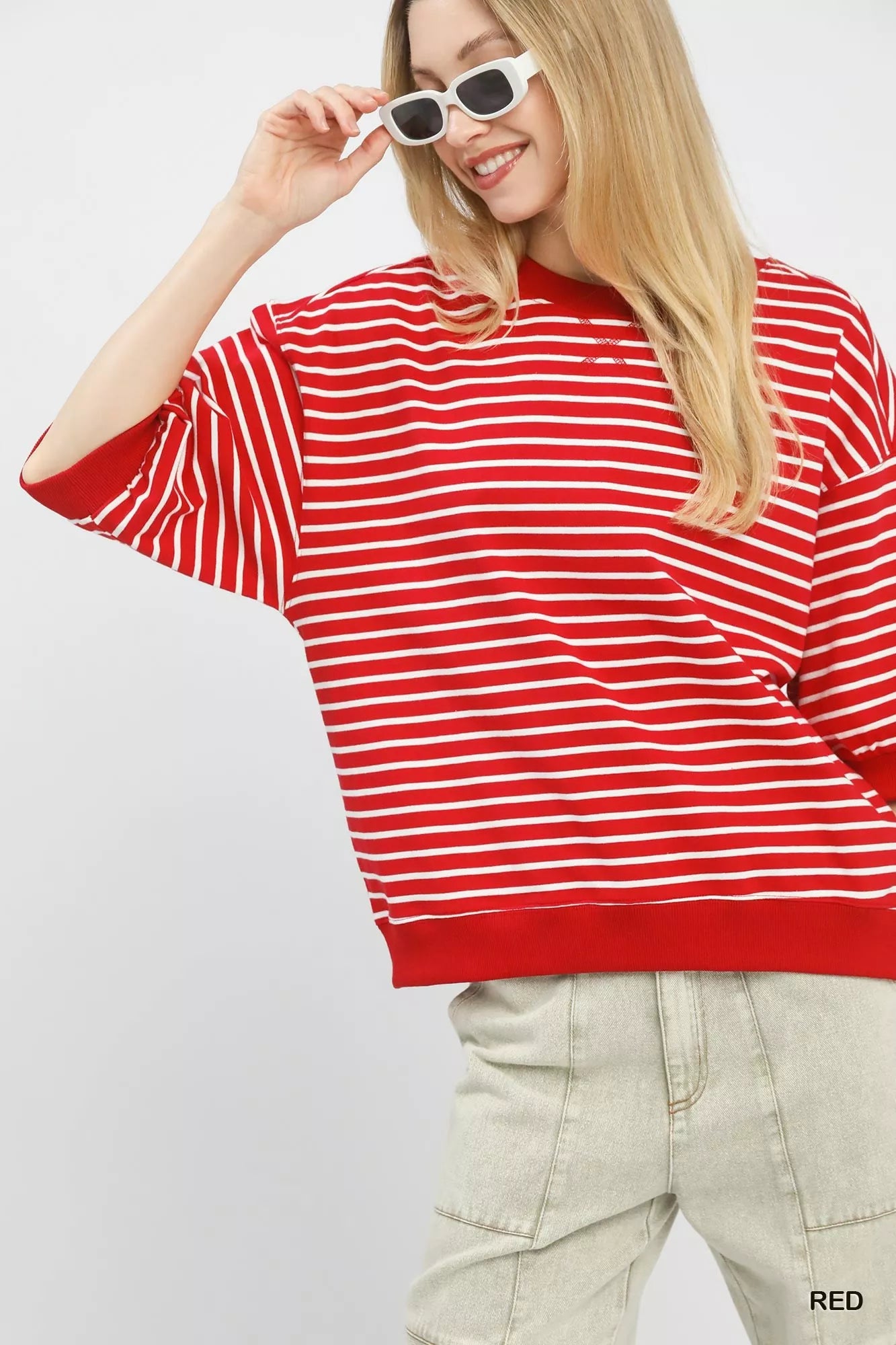 Umgee Cotton T-shirt Striped Red Short Sleeve Pullover Top 47b8f2d2-e3cd-452b-8f1d-1e327ef71cf4-Max-Origin Trendsi