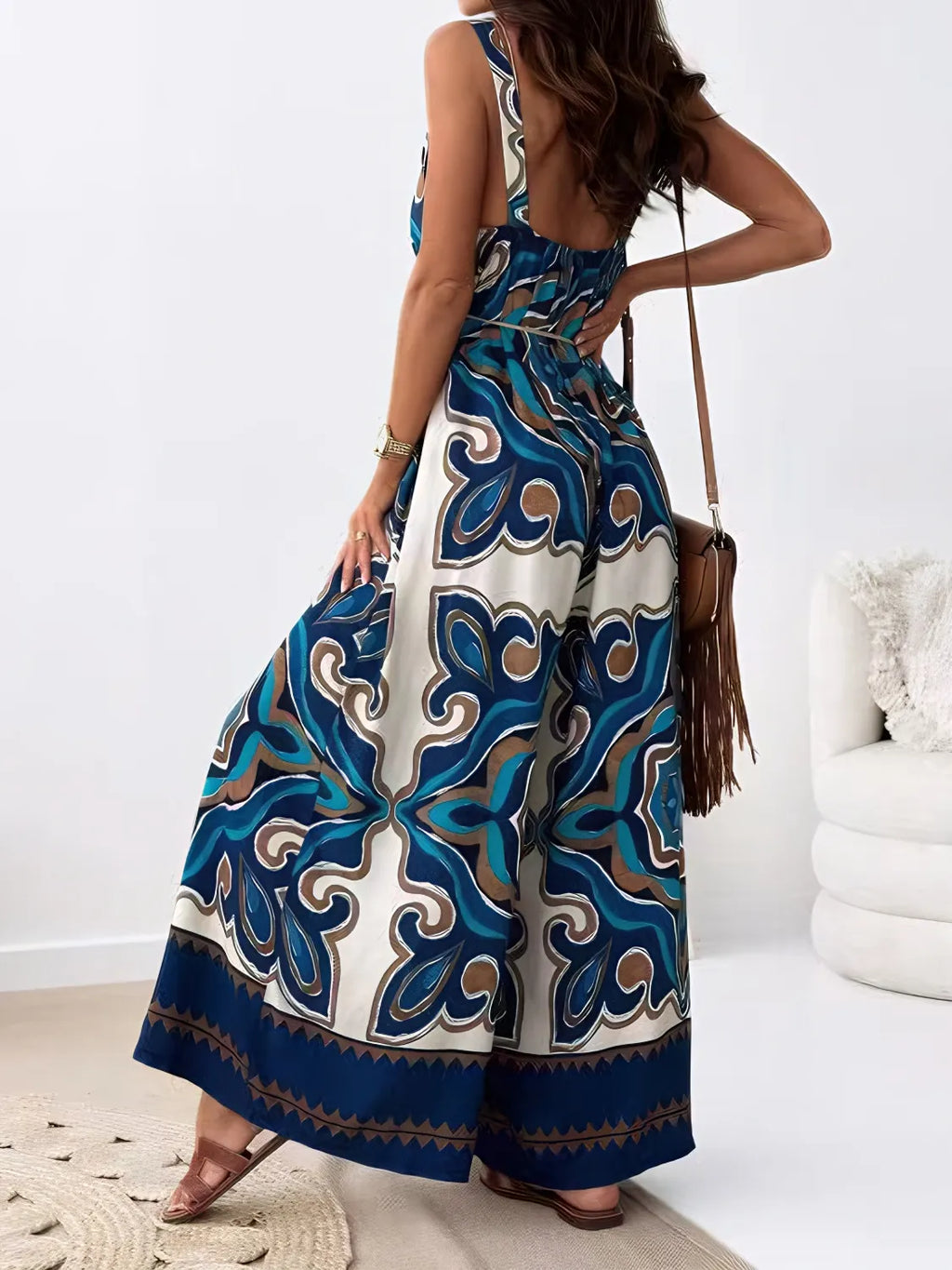 Floral Jumpsuit V-Neck Wide Leg Strappy Blue Mix Printed One Piece 47c611b9-e728-45ea-917b-01c220232e4b-Max-Origin Trendsi
