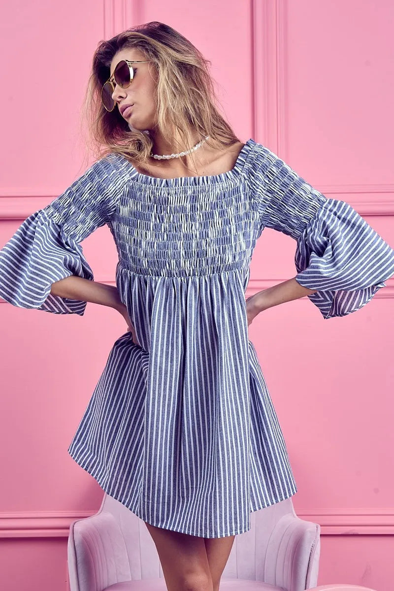 BiBi Short Dress Off Shoulder Denim Blue Striped Smocked Ruffled 47d1a369a99341c29afd67cc7982a25e-Max-Origin Trendsi