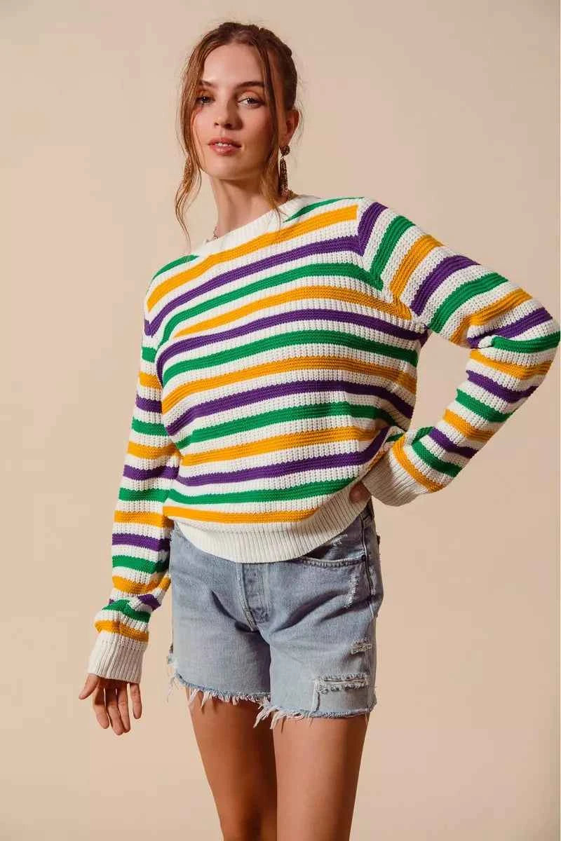 SO ME Women Sweater Ivory Mardi Gras Color Stripe Knit Top 47d20530f0434e4fbd8d9897947f040f-Max-Origin Trendsi