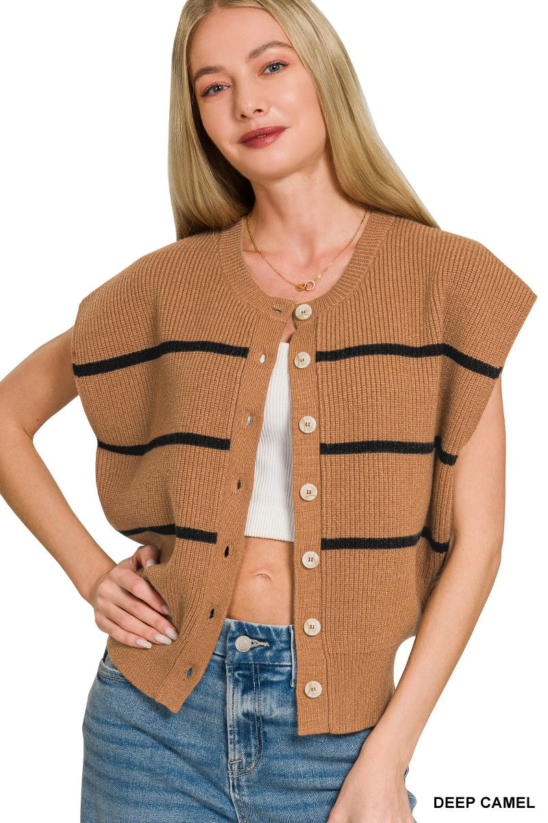 Zenana Striped Viscose Sweater Vest with Button-Down Front and Ribbed Texture