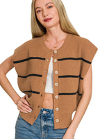 Zenana Striped Viscose Sweater Vest with Button-Down Front and Ribbed Texture