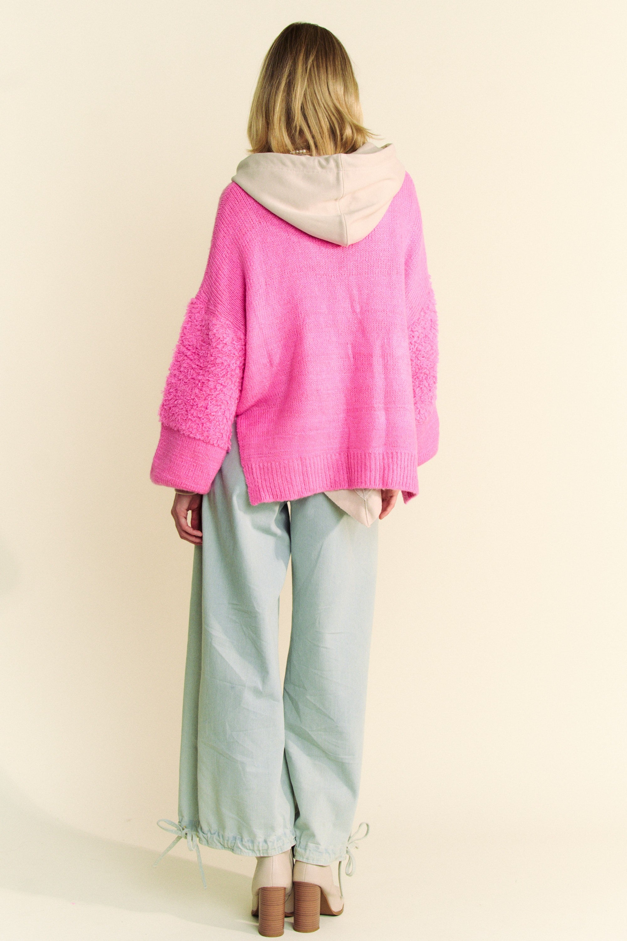 Davi & Dani USA Pink Cardigan Woolen Blend Side Slit Open Front Long Sleeve 47e29b30-5921-4df3-8a8e-1509ee21f983-Max Trendsi