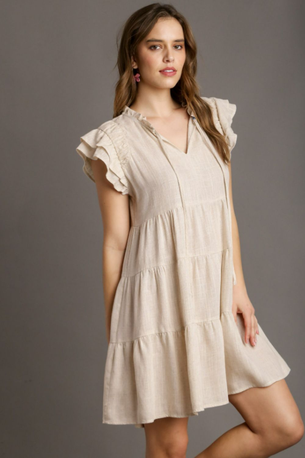 Umgee Mini Dress Linen A-line Tiered Ruffle Short Sleeve OATMEAL 47e53465-0726-4e2c-83eb-10bdaa3c62c9-Max Trendsi