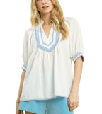 Umgee Textured Jacquard Top with Contrast Trim