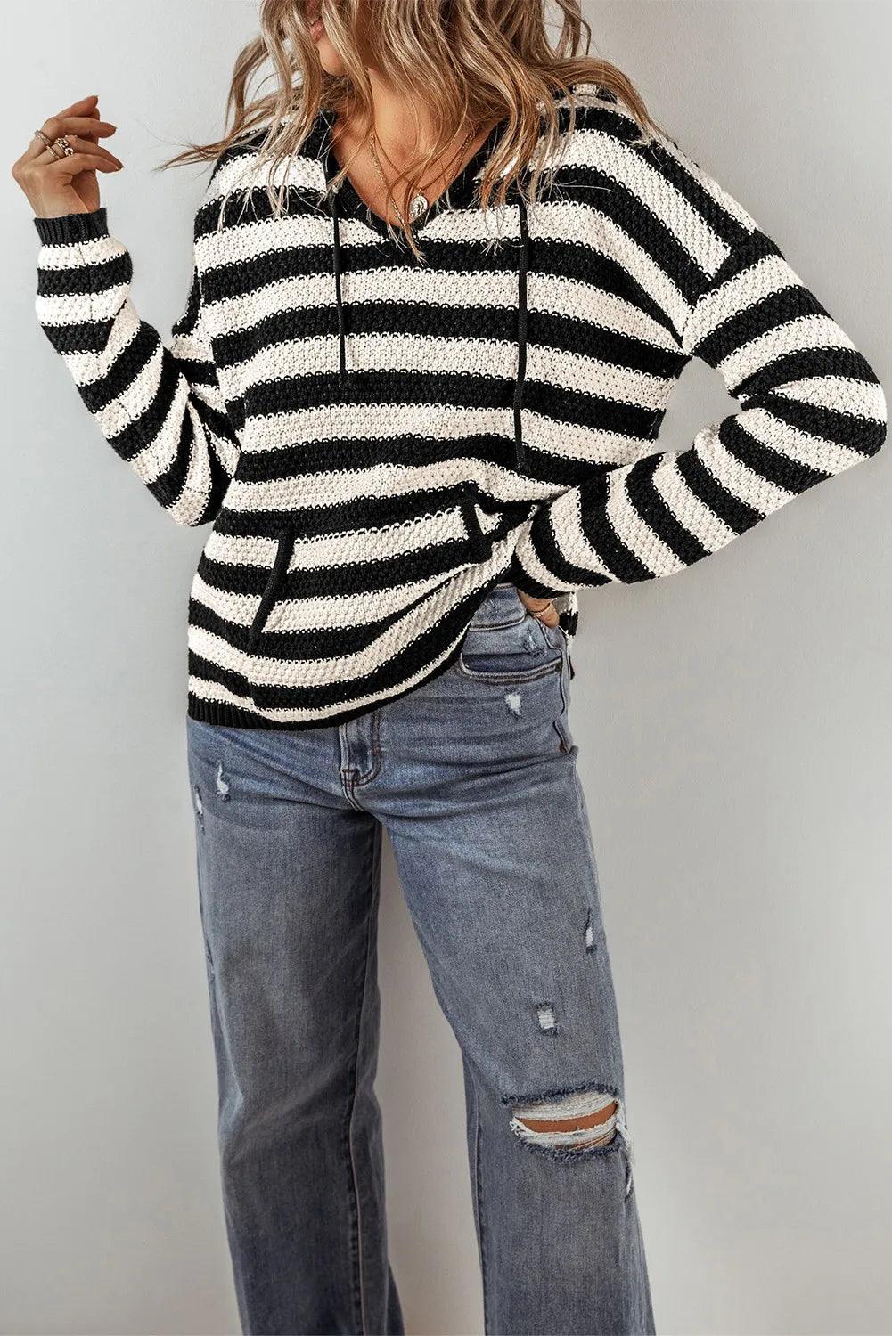 Striped Cotton Blend Knit Sweater Long Sleeve Hooded Knitwear 47f6fc3c-16ec-4887-a0e2-492e0e459de9-Max Trendsi
