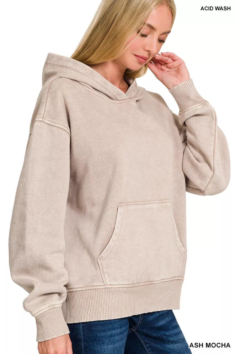 Zenana Fleece Womens Hoodie Mocha Acid Wash Kangaroo Pocket Top