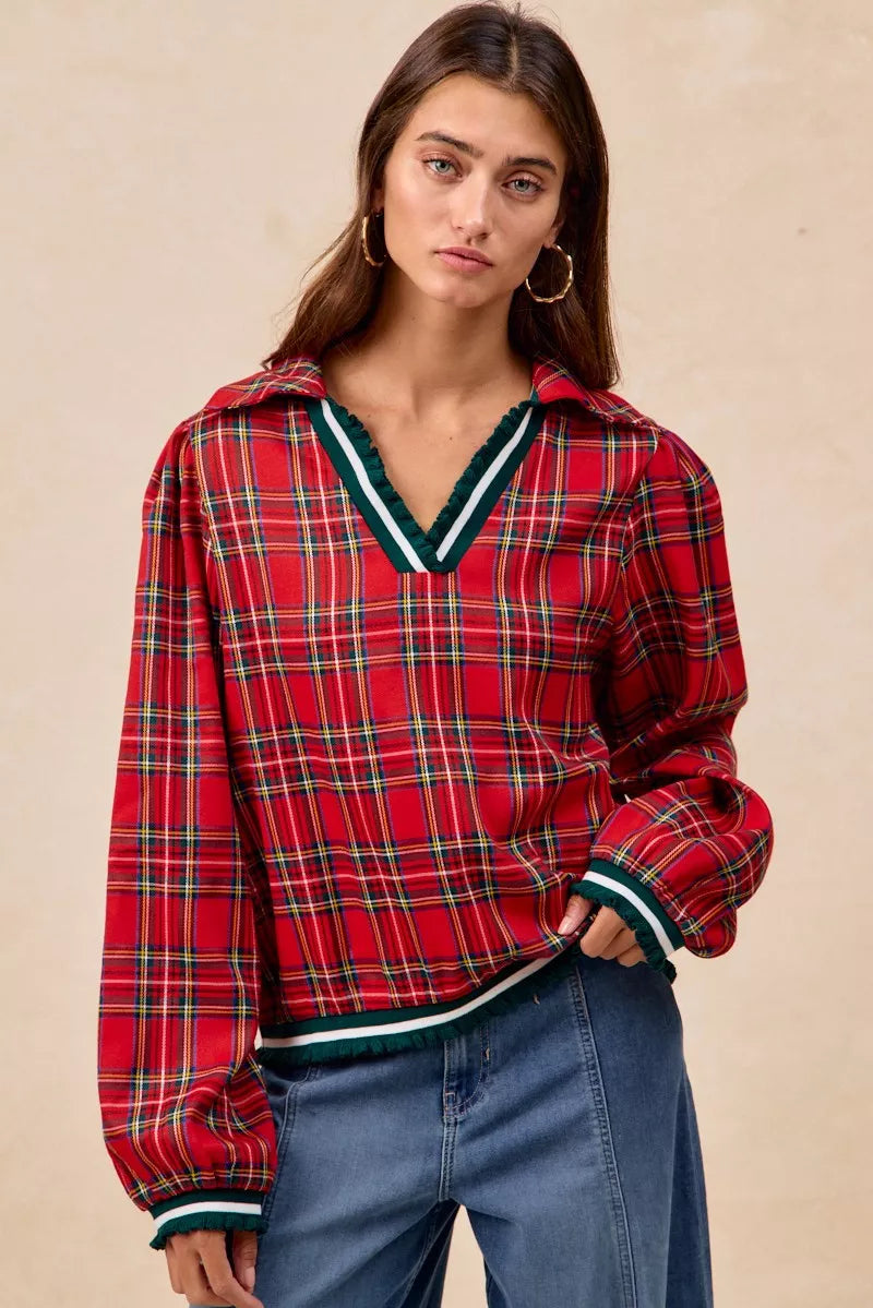 BiBi Christmas Womens Blouse Red Plaid Collared Top with Ruffled Detail 47f90e51e7bf4e079c867bd6fa9e5522-Max-Origin Trendsi