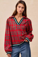 BiBi Christmas Womens Blouse Red Plaid Collared Top with Ruffled Detail 47f90e51e7bf4e079c867bd6fa9e5522-Max-Origin Trendsi