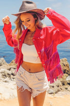 BiBi Jacket Rhinestone Fringe with Studed Collar Tasseled Fuchsia Pink 47fa4c70140647f89c3e22f7503e93bc-Max-Origin Trendsi