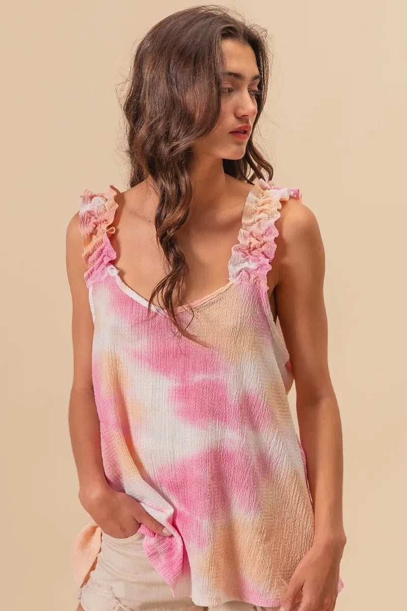 BiBi Tie Dye Top Printed Textured Woven with Ruffled Wide Straps 47fb80022ad2400eb2f07b46e94210a9-Max-Origin Trendsi