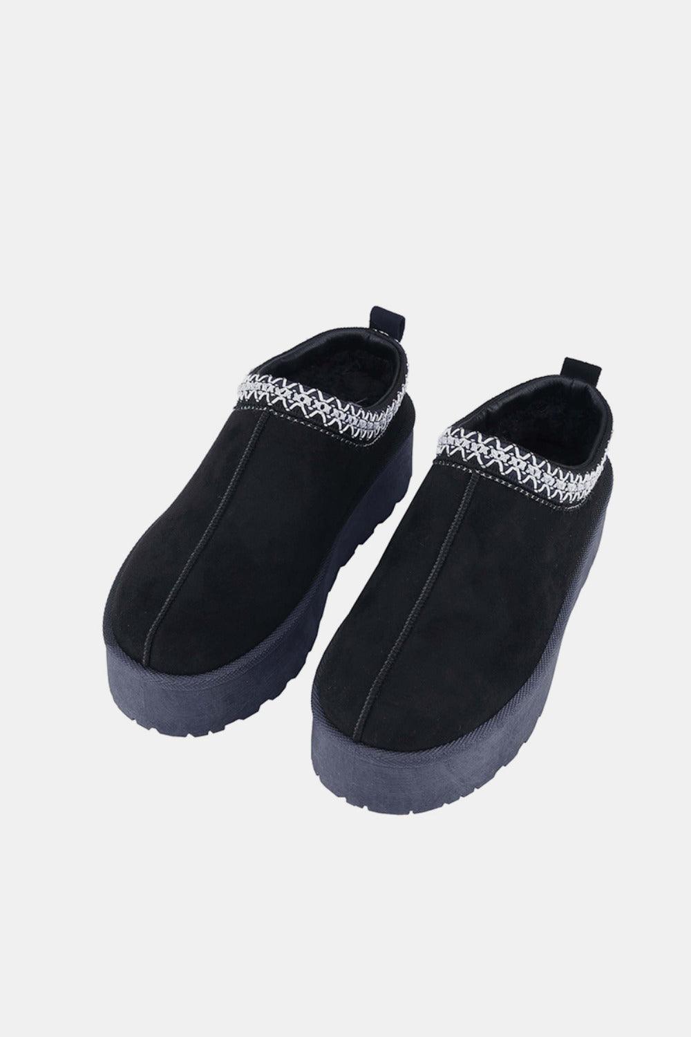Weeboo Platform Black Slip-On Boots Embroidered Trim Flat Shoes