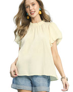 Umgee Women's Blouse Cream Textured Gauze Ruffle Neck Boho Top