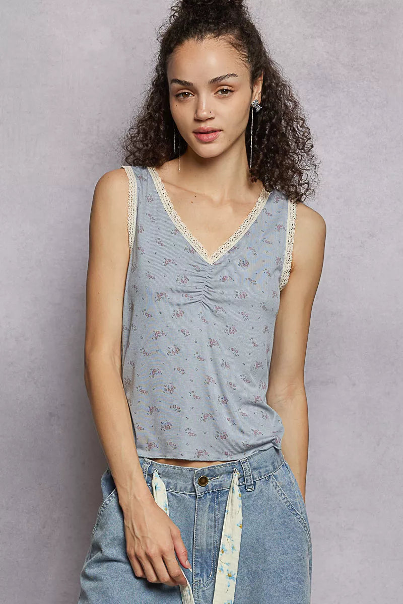 POL Tank Top Ruched Powder Blue Floral V-Neck with Lace Detail 480b7cf0-ea38-407b-ae4a-9671a2477fb0-Max-Origin Trendsi