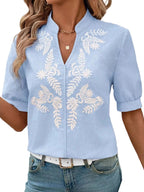 Embroidered Notched Short Sleeve Blouse