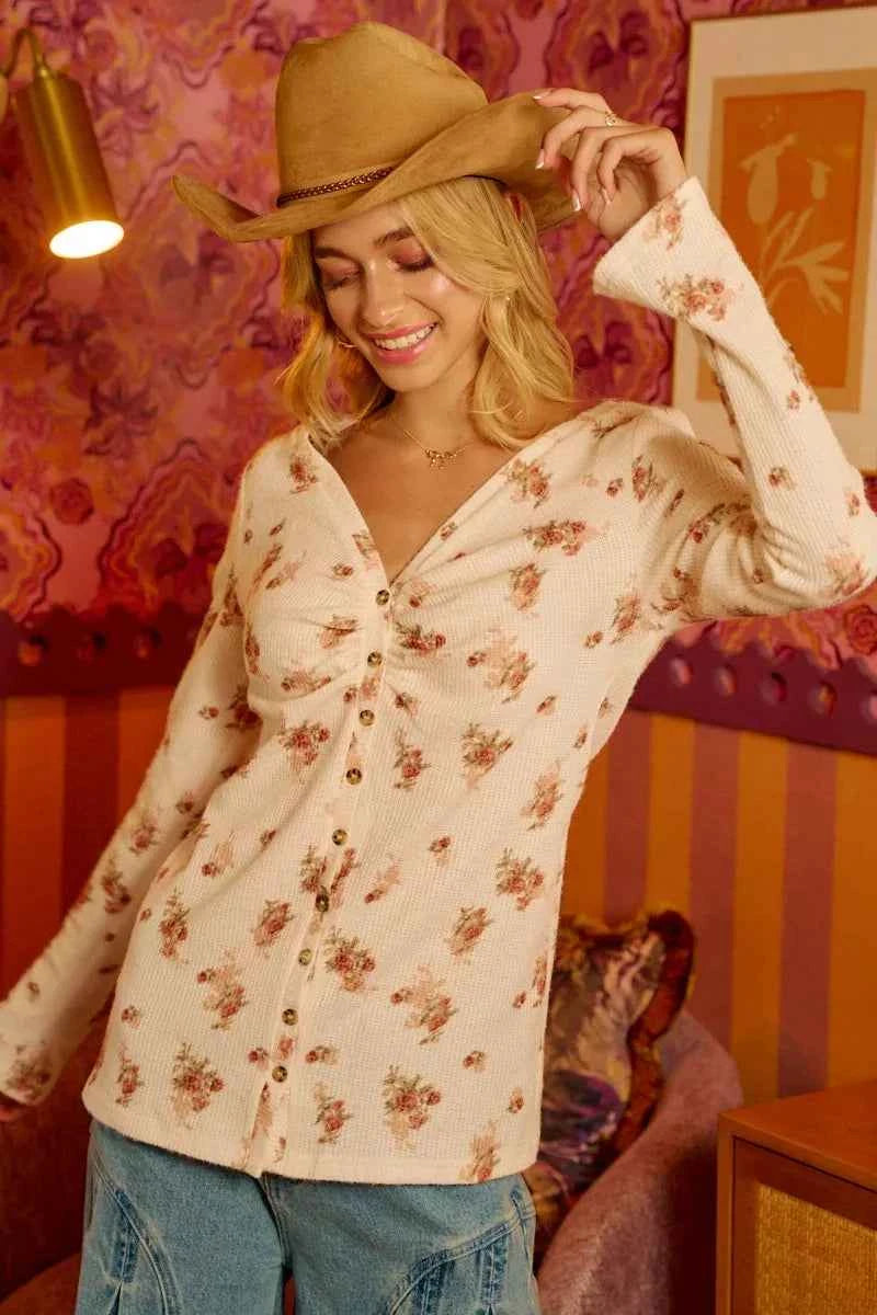 BiBi Textured Floral Printed Button Up Shirt With Shrried