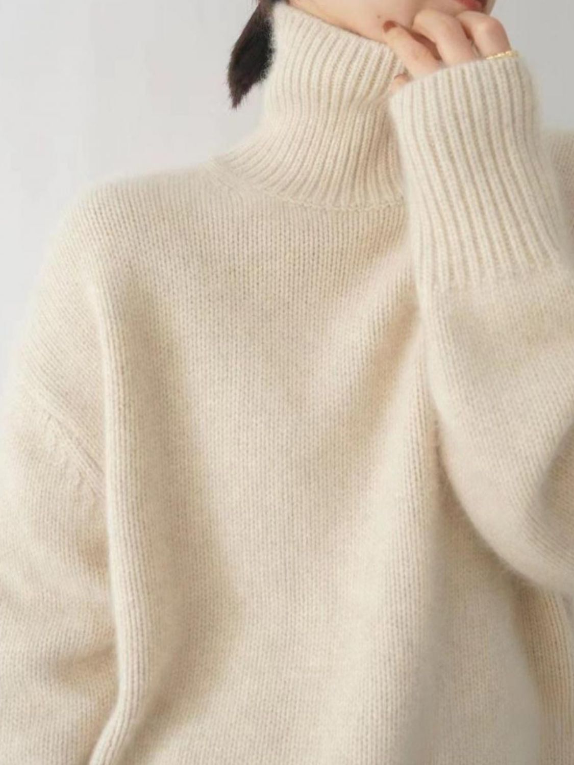 Turtleneck Women Sweater Soft Knit Dropped Shoulder Long Sleeve Loose Pullover