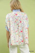 Umgee Womens Shirt Jacquard Blue Floral Mix Print Short Sleeve Top 4836ab2e-437a-4296-8ee6-379d98622b06-Max-Origin Trendsi