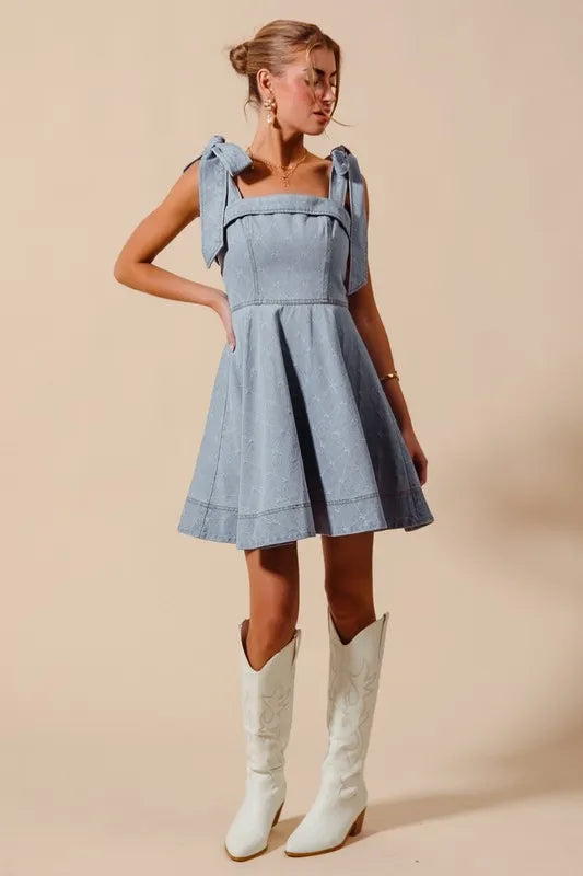 SO ME Denim Dres A Line Fit and Flare Diamond Bow Ribbon Bow Tied Straps 483800fc9e714c75bfaeb2d334ecf376-Max-Origin Trendsi