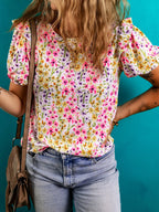 Floral Women's Blouse Puff Short Sleeve Crewneck Casual Ruffle Top 48451d49fb8943eeada3cd28662e8aa9-Max-Origin Trendsi