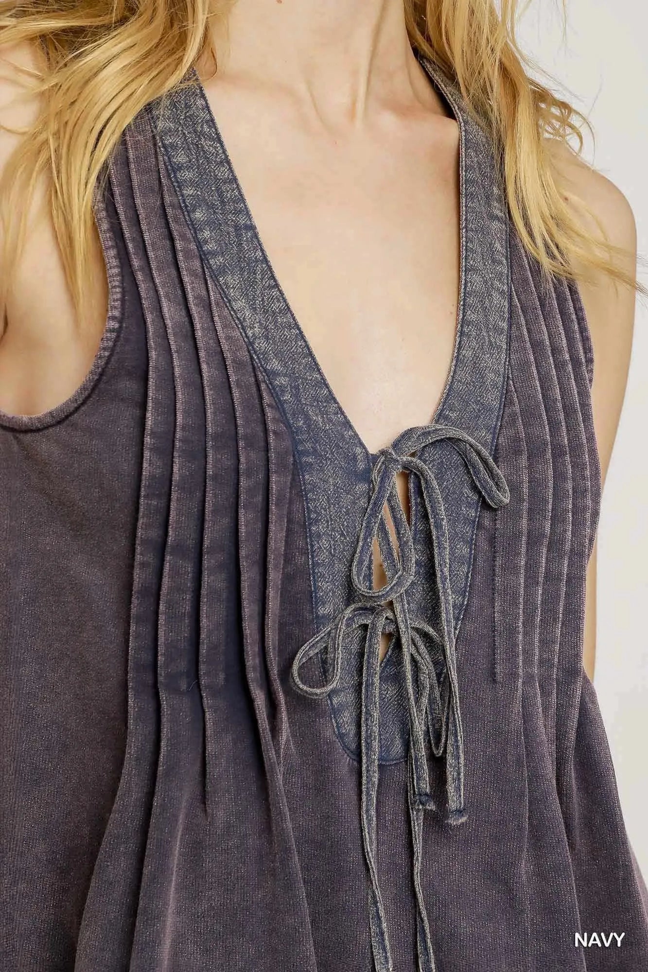 Umgee Romper Navy V Neck Lace-Up Tie Front Sleeveless Jumpsuit 484c1fe0-7a02-446e-a420-5e221a529655-Max-Origin Trendsi