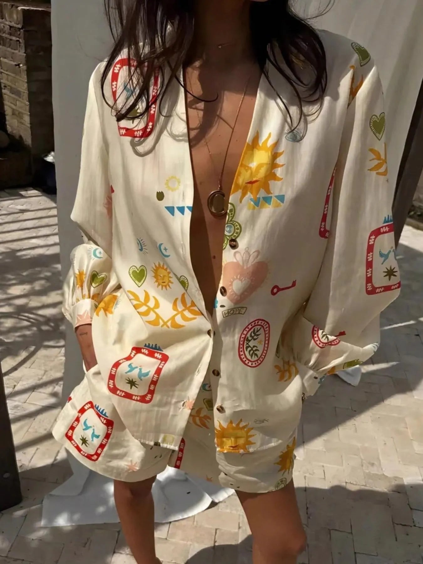 Women's Outfit Set Beige Summer Print Button Up Long Sleeve Shirt and Shorts 4865134f-4704-4a33-805e-15259260ac26-Max-Origin Trendsi