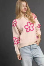 Umgee Women's Sweater Cream with Pink Floral Accents Round Neck Pullover 4869d5c6-3e5b-4e8b-833f-367bb7847bcb-Max-Origin Trendsi