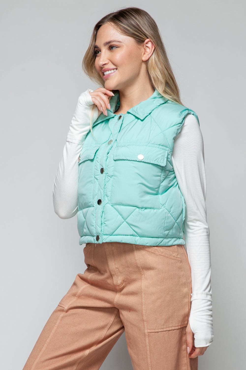 Crop Vest Snobbish Snap Down Quilted Sleeveless Green Outwear 486aeb40-714d-4881-86ec-dd6354c9f1dd-Max Trendsi