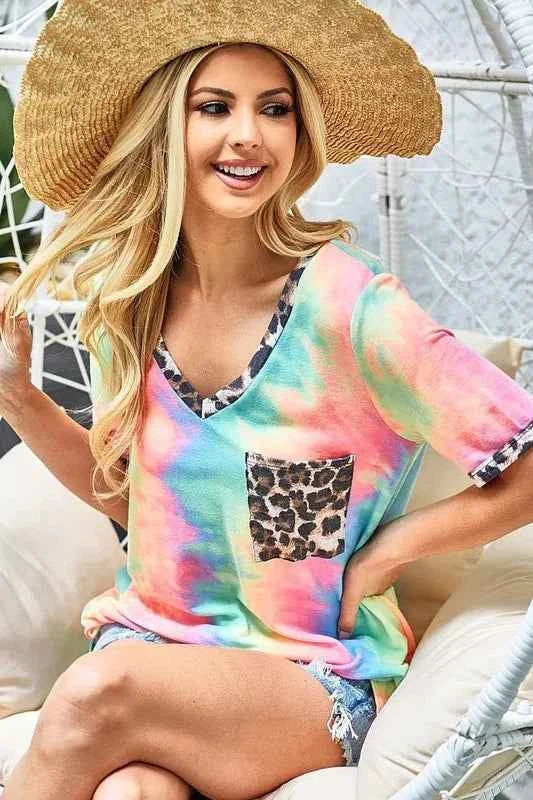 BiBi Women T-shirt Tie Dye Pastel Print V Neck Top With Front Patch Pocket 486c04c2ca75468eb6d79edb2b5a8d29-Max-Origin Trendsi