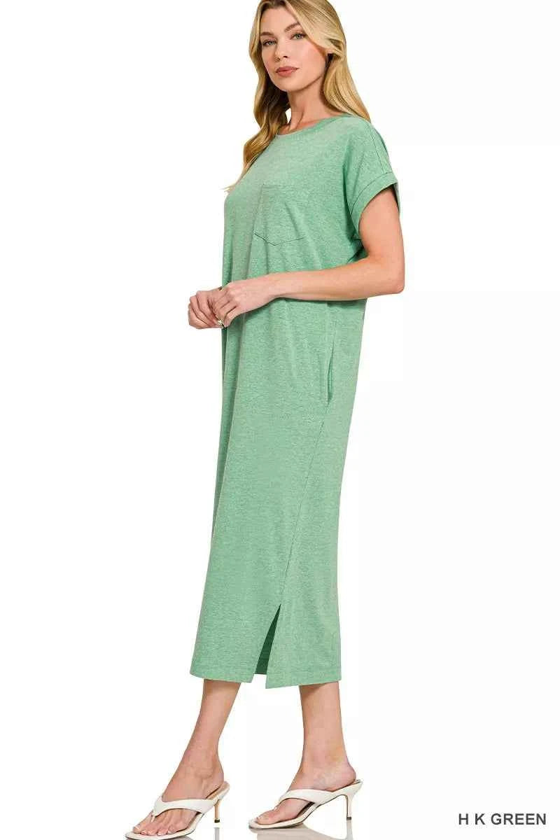 Zenana Midi Dress Green Round Neck Short Sleeve with Pocket 486fc3f74abc49338b7f943f5a5af9f8-Max-Origin Trendsi