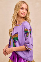 BiBi Womens Blouse Lavender Sequin Patched Ribbon Mardi Gras Theme Top 487d209f5ba64f2aaeb80002256b3058-Max-Origin Trendsi