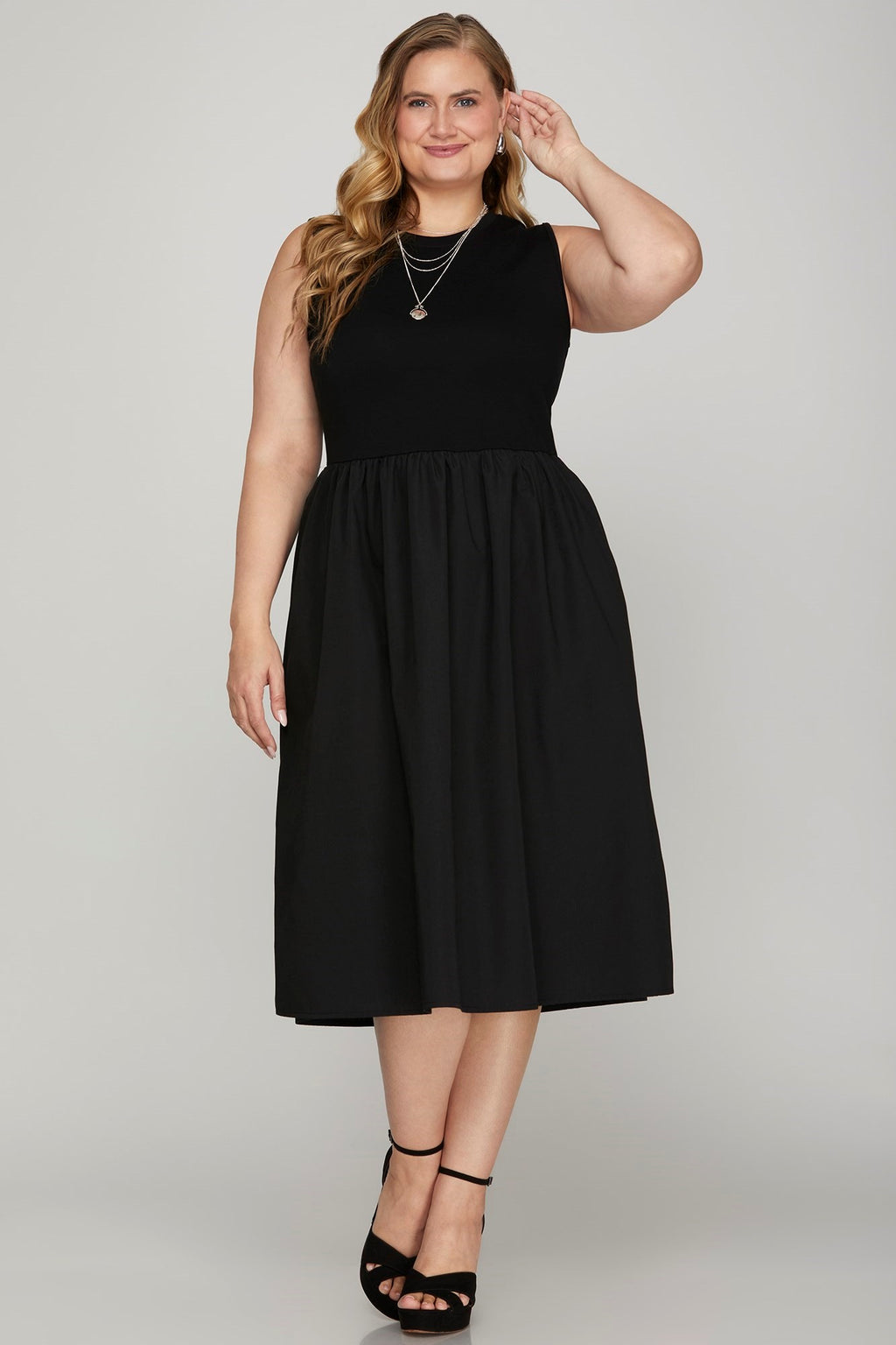 She + Sky Black Midi Dress Sleeveless Poplin Woven with Pockets S-2XL 48820d1b-875d-4f37-a84b-615dd04bf739-Max Trendsi