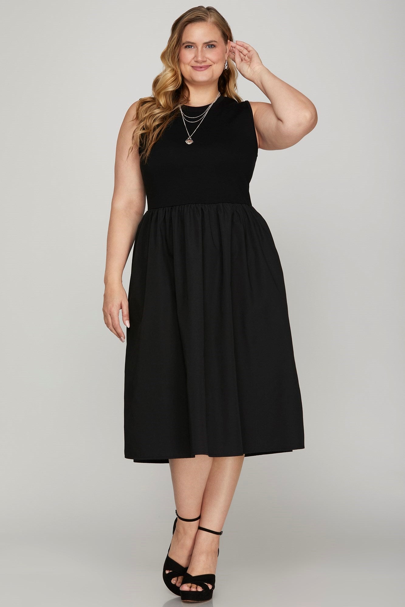 She + Sky Black Midi Dress Sleeveless Poplin Woven with Pockets S-2XL 48820d1b-875d-4f37-a84b-615dd04bf739-Max Trendsi