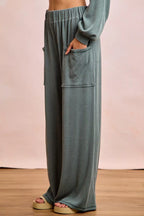 BiBi Outfit Set Dark Sage Cord Rib Contrast Stitching V-Neck Top and Pants 4886470059bf4b46b0d031e23b5ec959-Max-Origin Trendsi