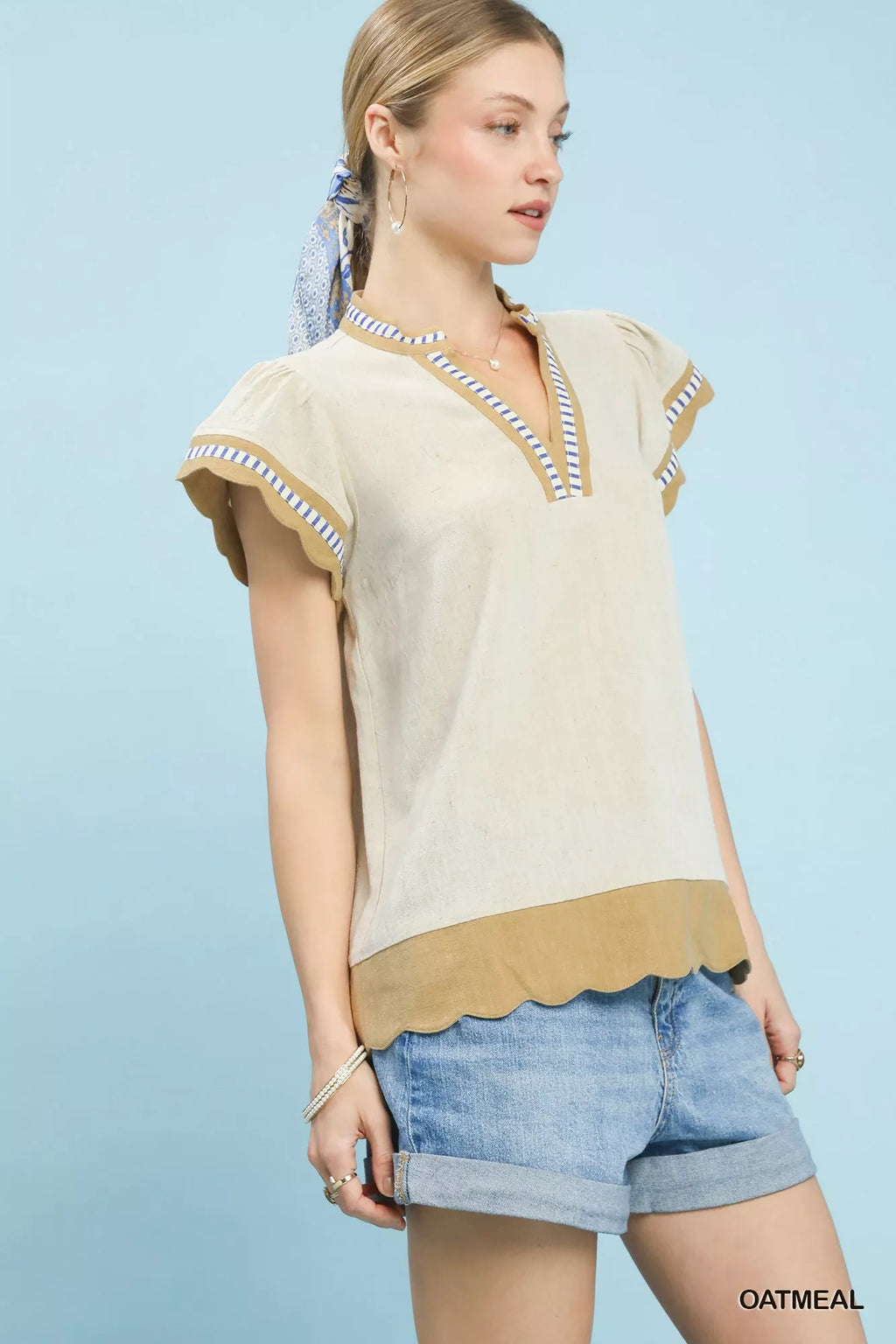 Umgee Blouse Oatmeal Contrast Scallop Trim Linen Cotton Top Short Sleeve 48883be1-f6d5-4853-9d95-9f419207e39e-Max-Origin Trendsi