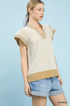 Umgee Blouse Oatmeal Contrast Scallop Trim Linen Cotton Top Short Sleeve 48883be1-f6d5-4853-9d95-9f419207e39e-Max-Origin Trendsi