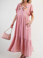 Midi Dress Floral Embroidered Notched Flutter Short Sleeve Ruffled Oversized Dusty Pink 48912947-d07f-48a6-a7a6-b79eb464e4c6-Max-Origin Trendsi