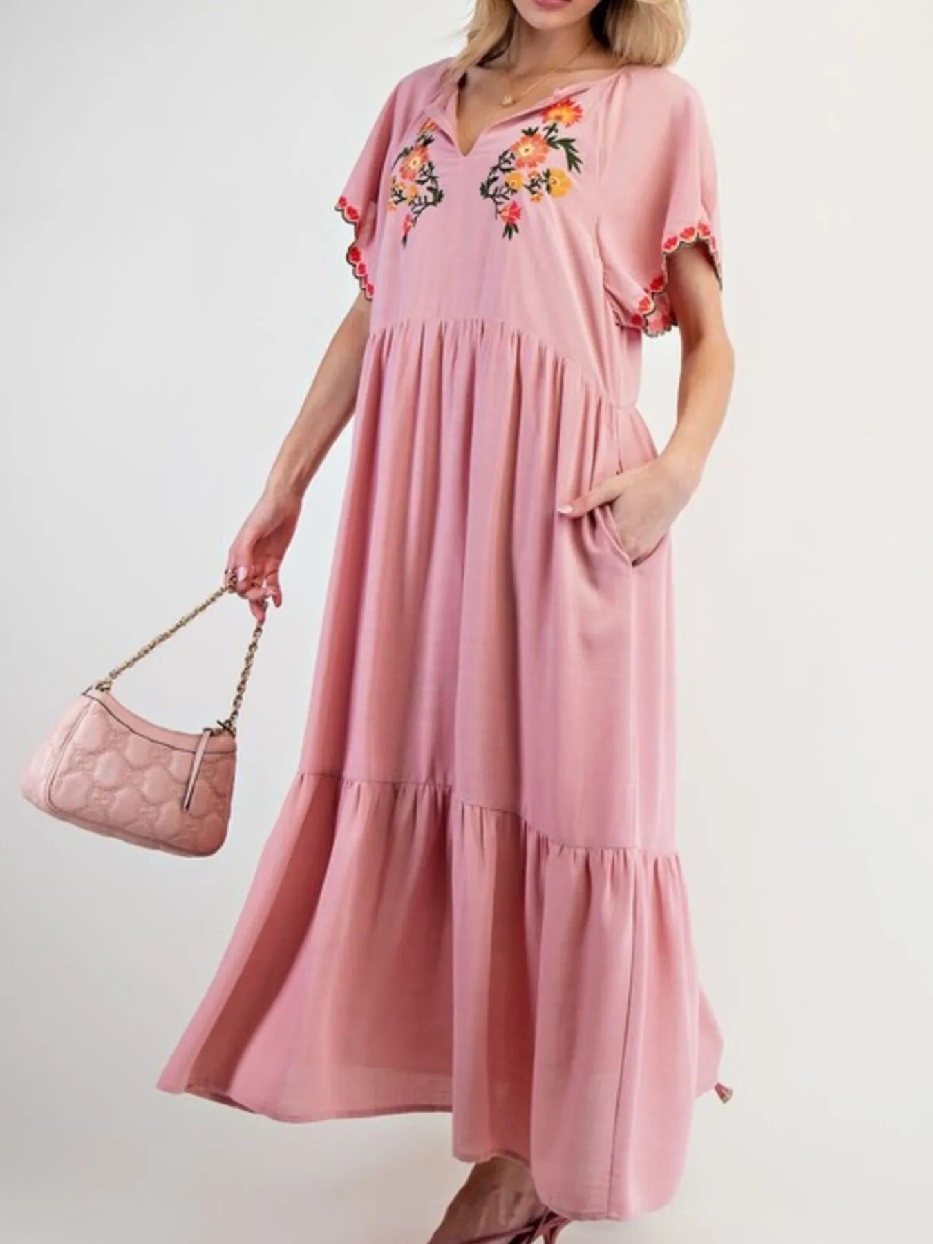 Midi Dress Floral Embroidered Notched Flutter Short Sleeve Ruffled Oversized Dusty Pink 48912947-d07f-48a6-a7a6-b79eb464e4c6-Max-Origin Trendsi