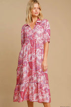Umgee Midi Dress Floral Paisley Print Pink Mix Ruffled Hem Half Sleeve PINK MIX 48933aff-da73-4c92-b0c6-30a69ac355e6-Max-Origin Trendsi