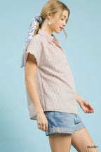 Umgee Womens Shirt Striped Blush Pink Top with Scallop Short Sleeves 4897911f-f157-4966-a891-f7ec5a9205b0-Max-Origin Trendsi