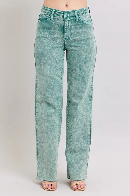 Judy Blue Jean High Waist Garment Dyed Raw Hem Dad Pants SEA GREEN 4898a1131f0f448a913680b4e9360b2a-Max-Origin Trendsi