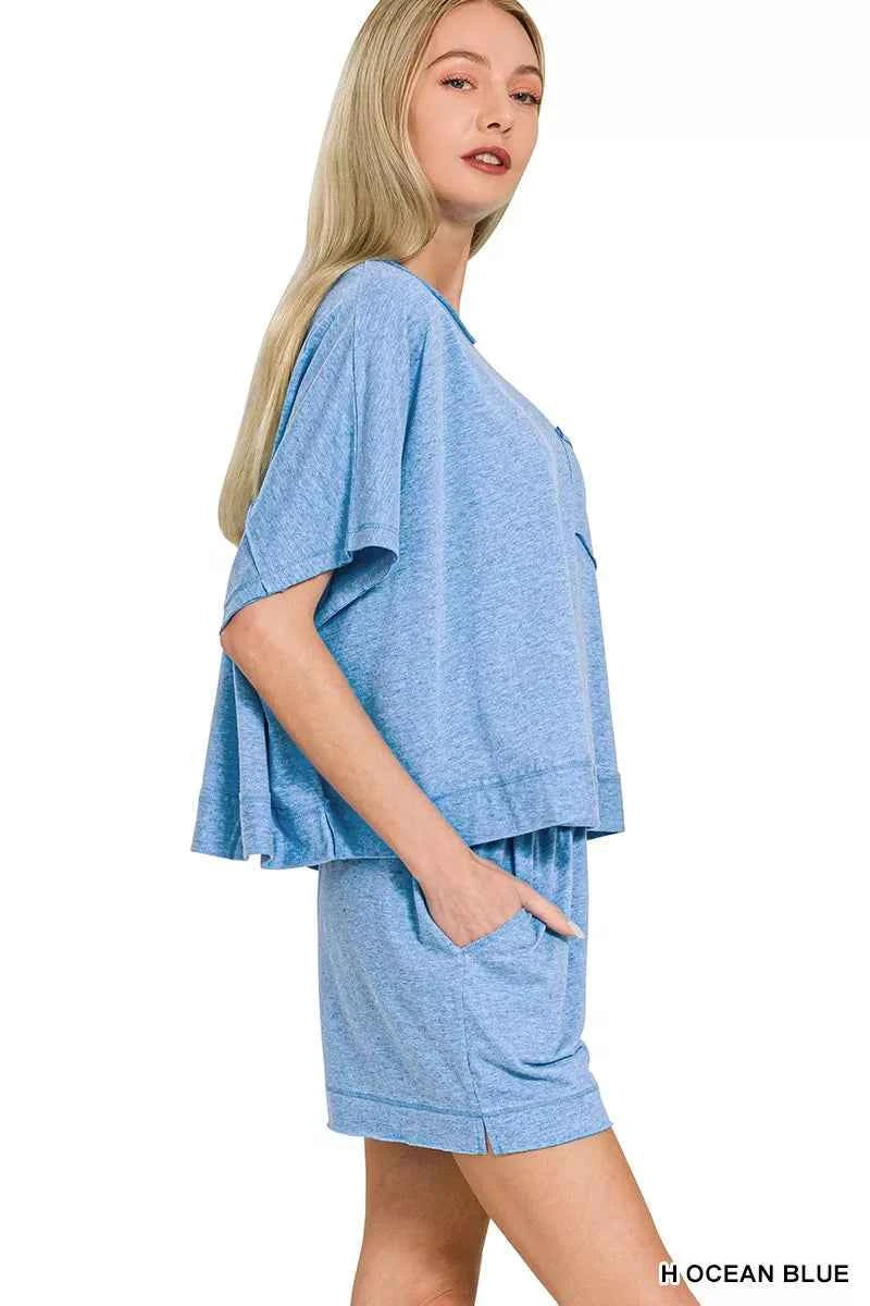 Zenana Exposed Seam Boxy Top & Shorts Set – Women’s Two-Piece Casual Outfit