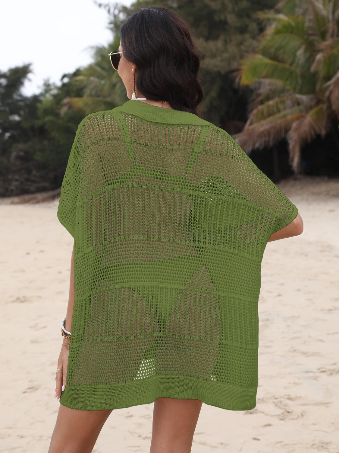 Cover-Up Dress Hollow Out Collared Neck Short Sleeve Sheer Openwork 48ae1fa7-1f05-4a8b-97c4-d87bb1bb8a3e-Max Trendsi