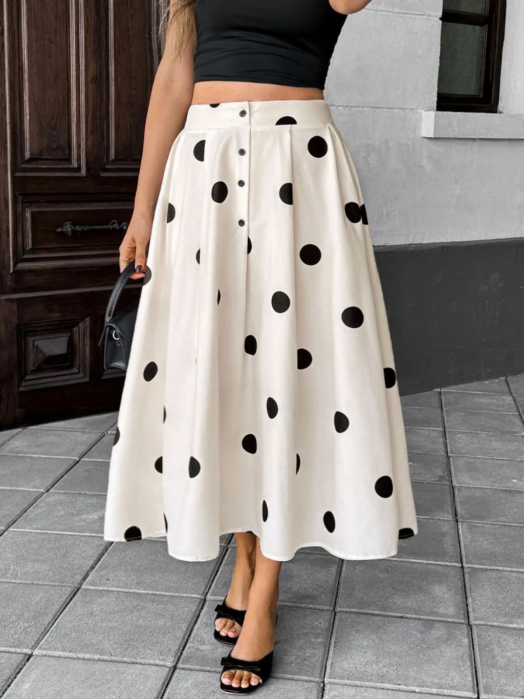 Midi Skirt Polka Dot Cream Button Front Ruffled High Waisted Cream 48b4290e-6415-4a1c-8bdd-8f87b1f2b00c-Max-Origin Trendsi