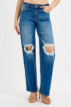 RISEN Boyfriend Jeans Women's Mid Waist Knee Distressed Straight Leg Denim 48c243c4949743cda1ea27cff798bfe9-Max-Origin Trendsi