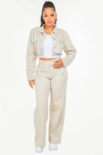 American Bazi Beige Wide Leg Jeans Women's High Waist Distressed Denim Pants