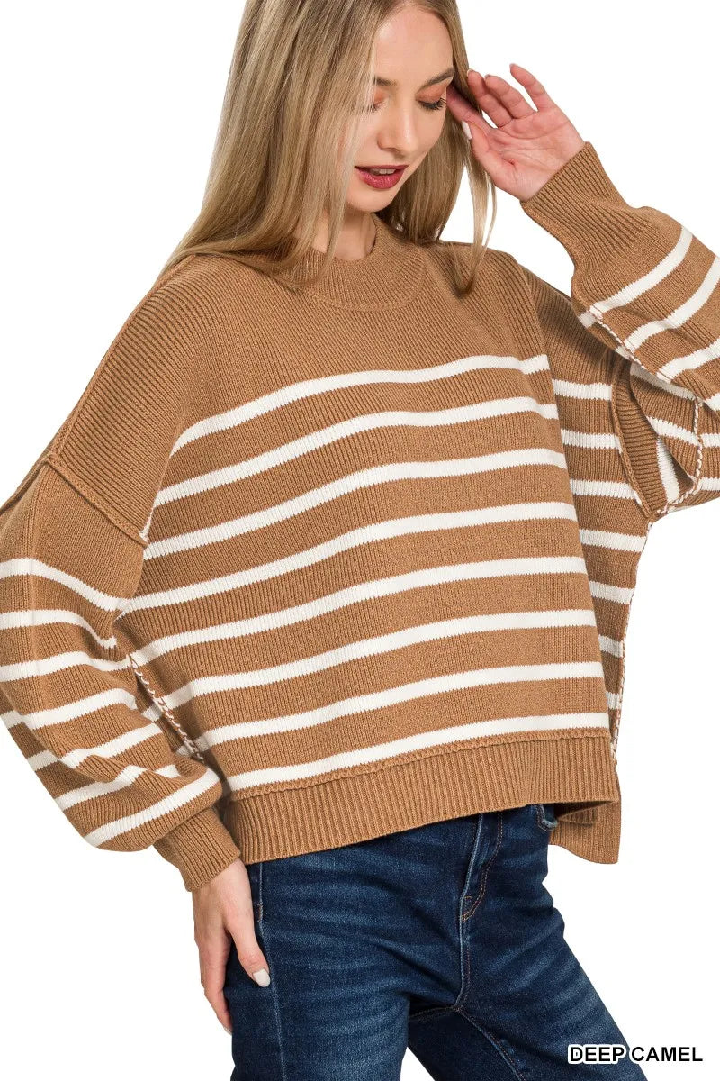 Zenana Oversized Sweater Striped Exposed Seam Camel Knit Ribbed Pullover 48ca801cb047412abe302bddabc9e71c-Max-Origin Trendsi