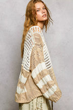 POL Knit Top Beige Color-Blocked Stripe Pattern with Twisted Weave Sweater 48ca9f1c-e30a-4211-b80a-ba01064049bb-Max-Origin Trendsi
