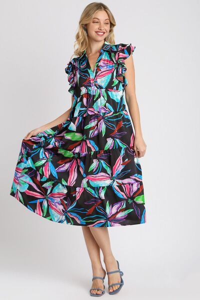 Umgee Ruffle Dress Leaf Black Colorful Print Double Layered Short Sleeve BLACKMIX 48cacc9f-5a0f-46e2-a84e-5cf4aba7a9fc-Min Trendsi