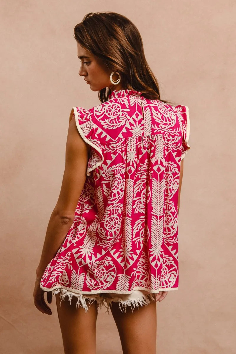 BiBi Women's Blouse Pink Floral Printed Ruffle Short Sleeve Top 48cae4428df94988803c845177a72bf0-Max-Origin Trendsi